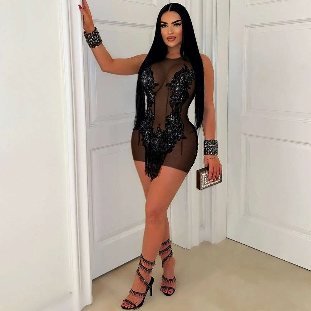 Style Sequin Sheer Fringe Sexy Bodycon Sleeveless Short Night club maxi dress SEXY DRESSES FOR WOMEN