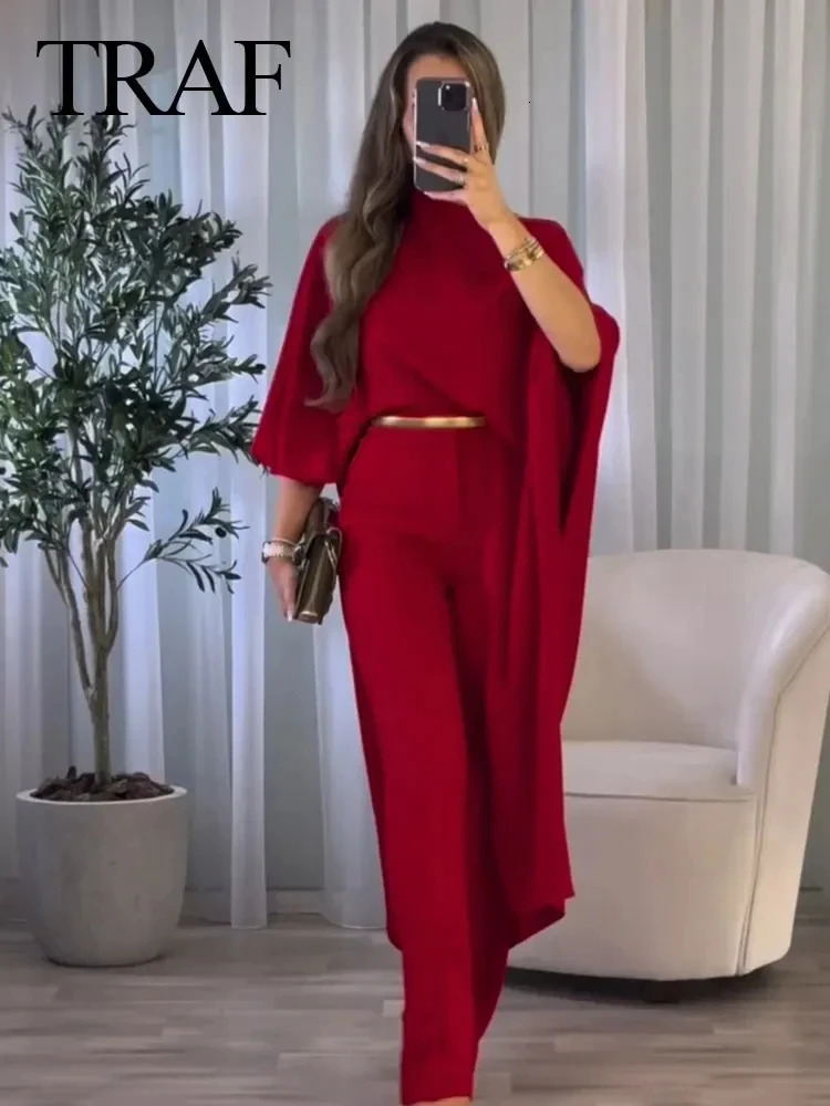 TRAFZA Spring Womens Asymmetric Cape Town Style Red Satin Shirt Fashion Round Neck Womens Casual Long Shirt Holiday Style 250409