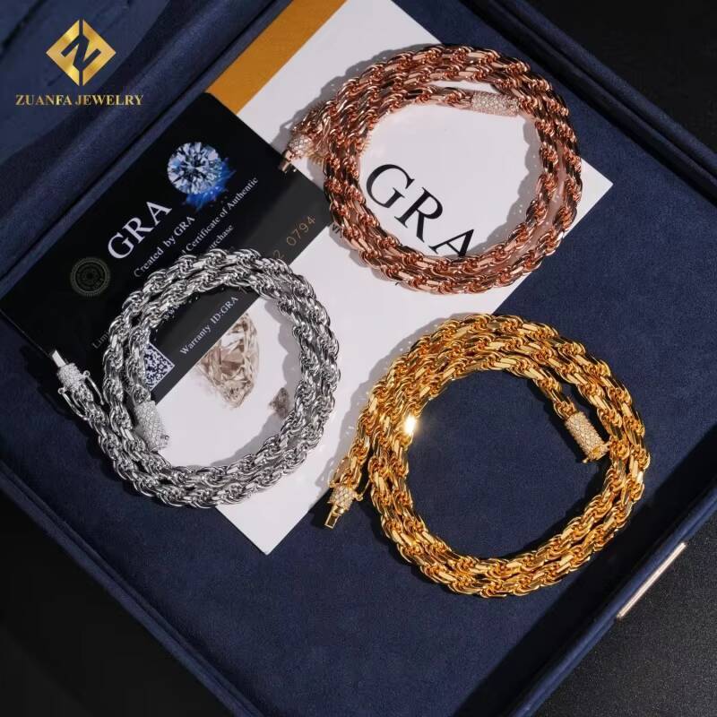 Fashion Hip Hop Style 6mm Rope Chain 925 Sterling Silver VVS1 Moissanite Cuban Link Chain Necklace Pass Diamond Tester with GRA