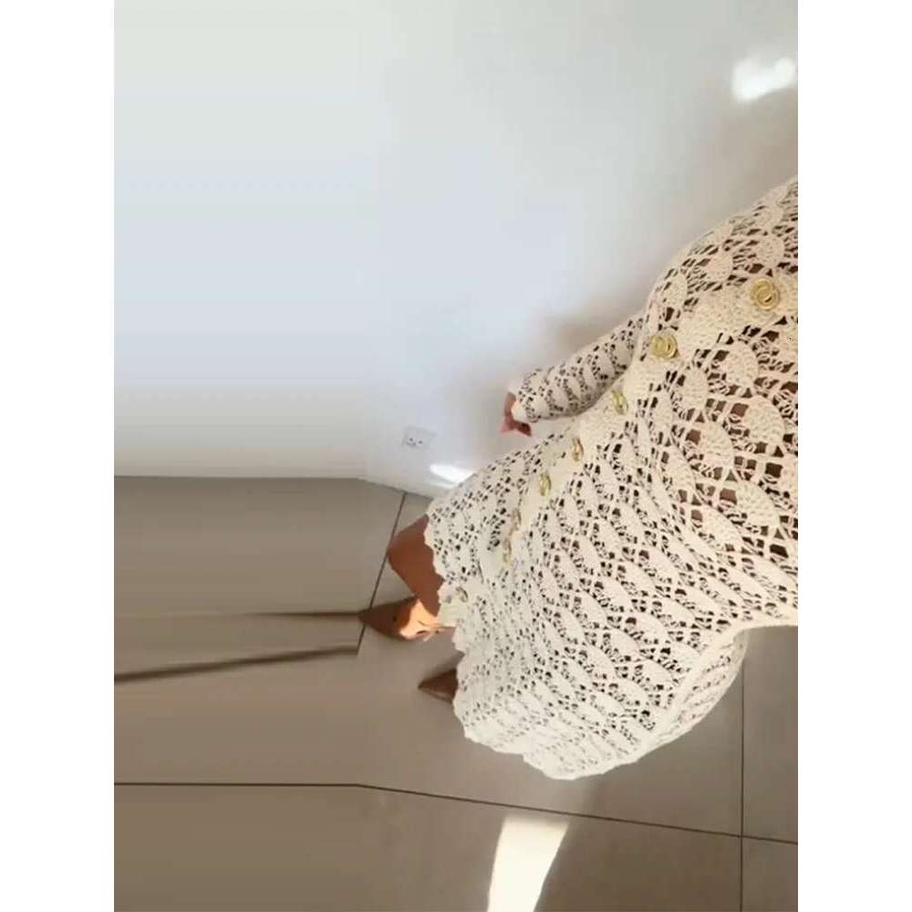 Elegant Lace Women's Dress Long Sleeve Turn-Down Collar Hollow Out Knit Female Mini Dresses 2025 Spring Summer Button Lady Robe
