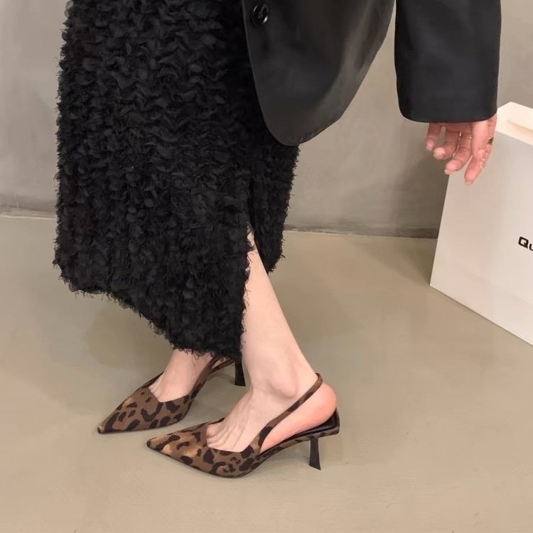 Europe and the United States sexy pointed leopard fine heel single shoes women 2025 spring and summer new shallow mouth everything a word buckle sanda