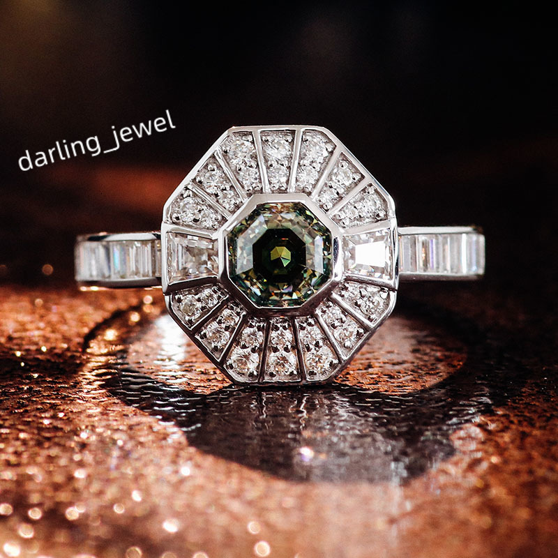 Custom Asscher Cut Green Molissanite Ring DEF VVS Round Moissanite Engagement Ring Fine Jewelry Gemstone 14k Gold Ring