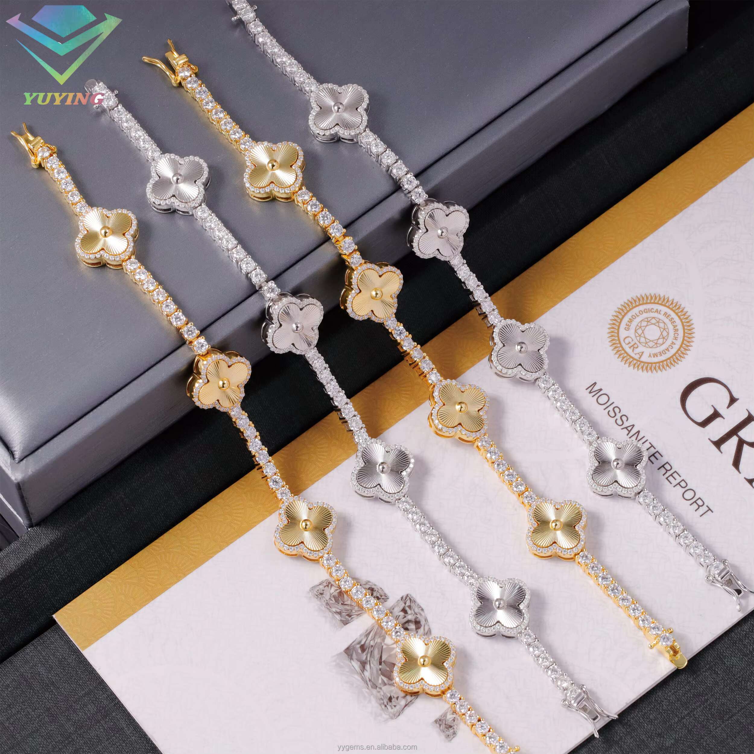 Lucky Four Leaf Clover Tennis Bracelet Hip Hop Jewelry 3mm S925 Silver Gold Plated Iced Out Moissanite Clover Tennis Bracelet