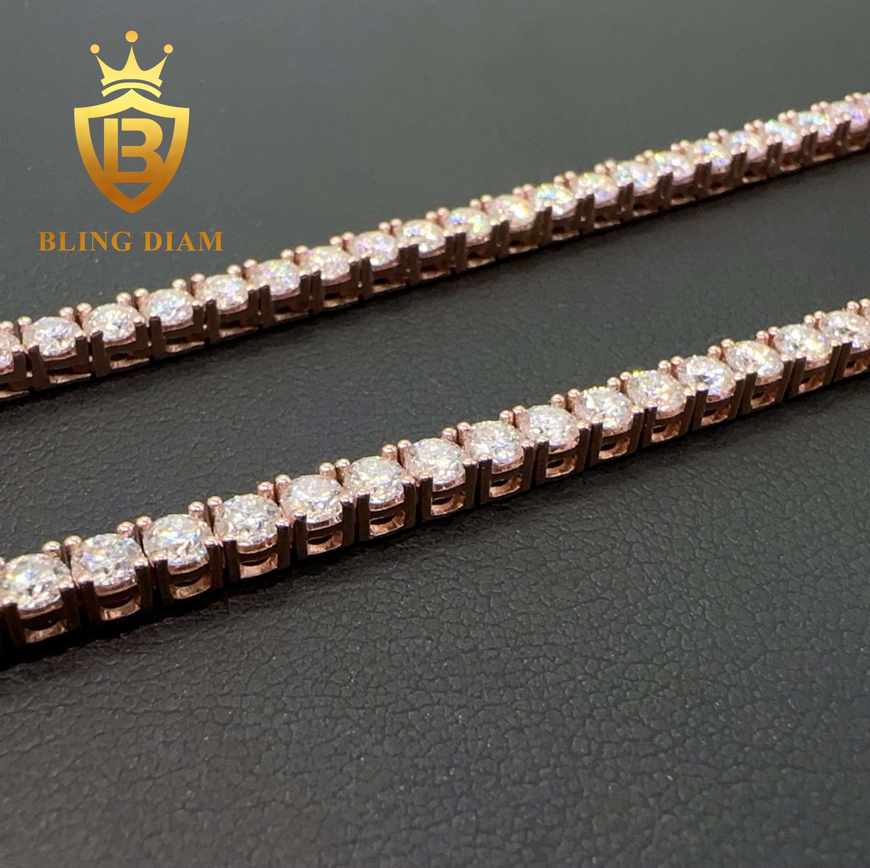 Hip Pop Jewelry 3mm 10k 14k Real Solid Rose Gold Vvs Moissanite Jewelry Chain Tennis Chain