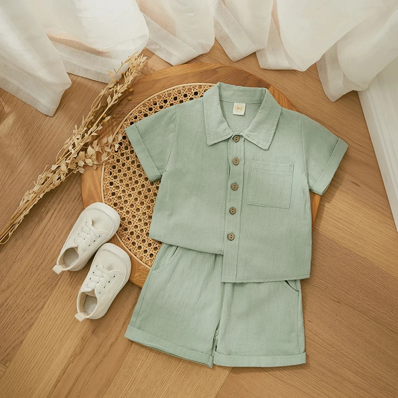 Fashionable summer childrens mens suit childrens cotton linen dress solid color short sleeved button up top shorts 250409