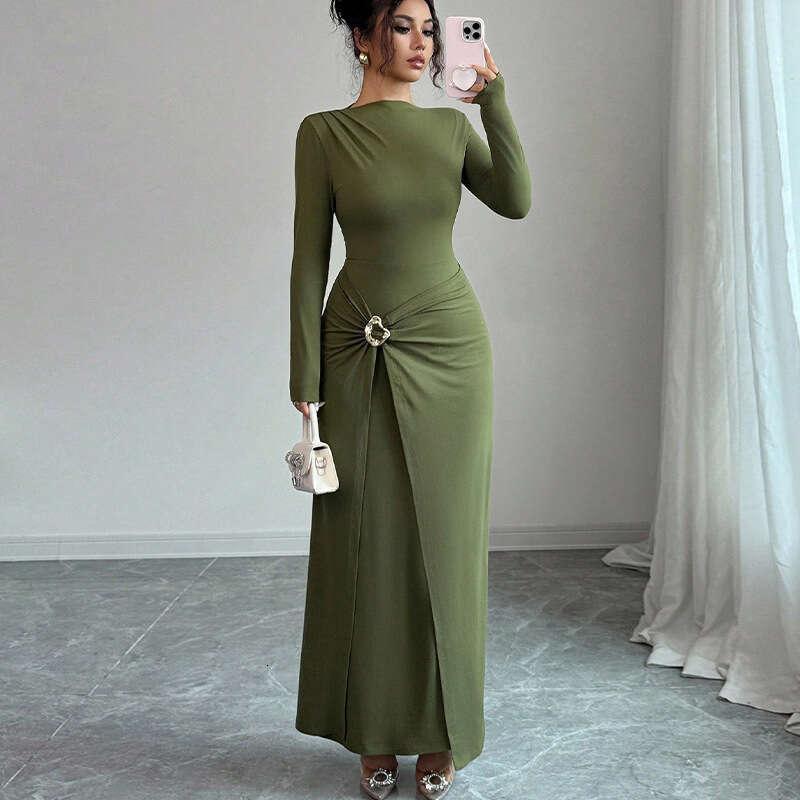 Rui Chuo Cross-Border European and American Style Elegant Slim 2025 Autumn Foreign Trade Solid Color Long Sleeve Bodycon Knitted Stretch Dress