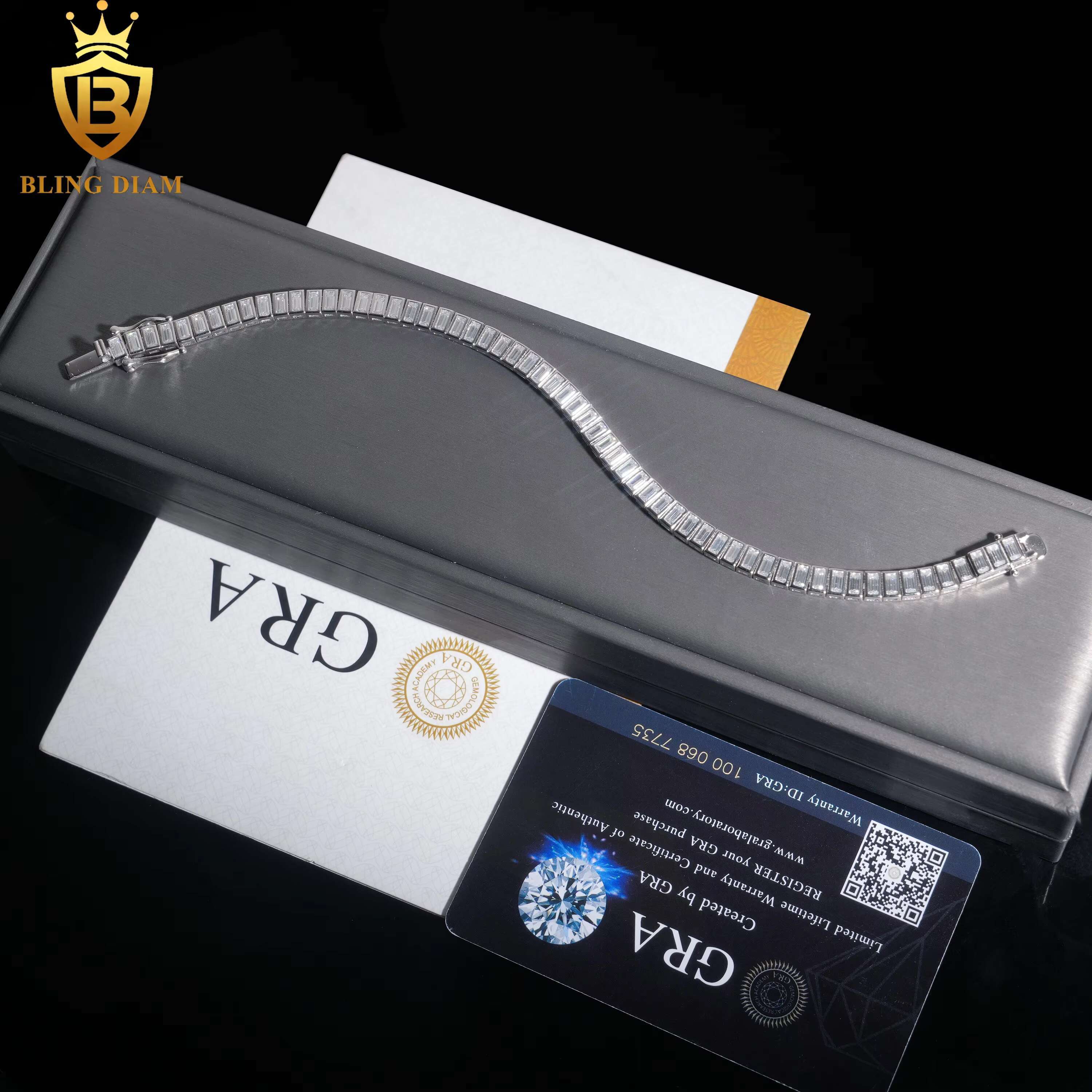 Fashion Jewelry 925 Sterling Silver VVS Moissanite Emerald 2x4mm Tennis Chain Bezel Bracelet