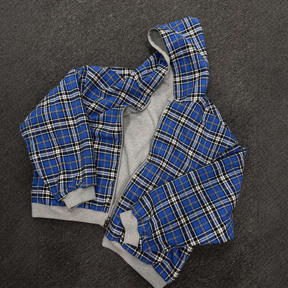 European and American Cross-Border Autumn Winter New Fashion Hooded Zipper Plaid Patchwork Reversible Sweatshirt for Men