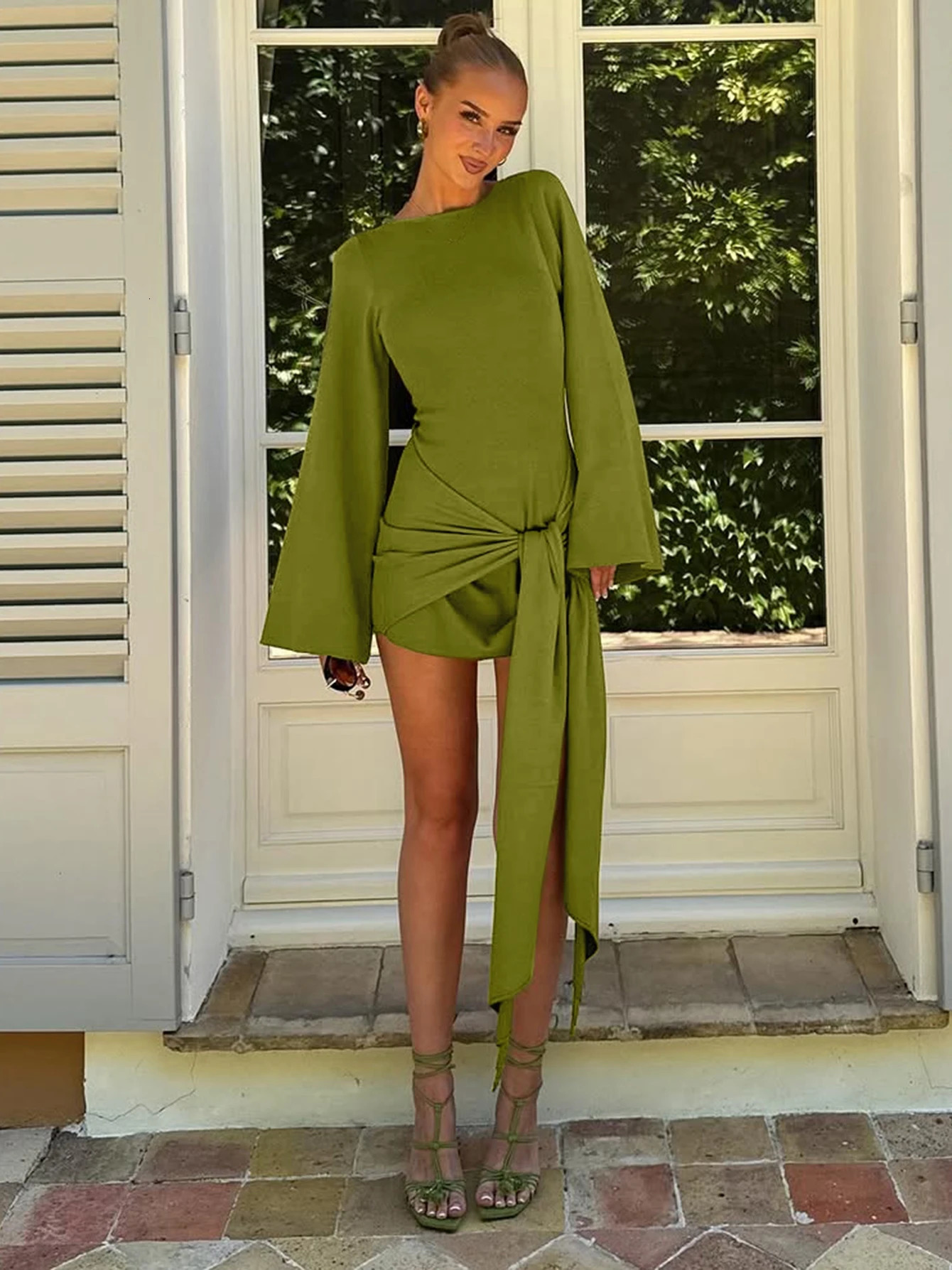 Dulzura Autumn Fashion Elegant ONeck Long Sleeve Slim Fit Lace Up Mini Dress Ladies Solid Casual Clothes Party Club Outfit 251110