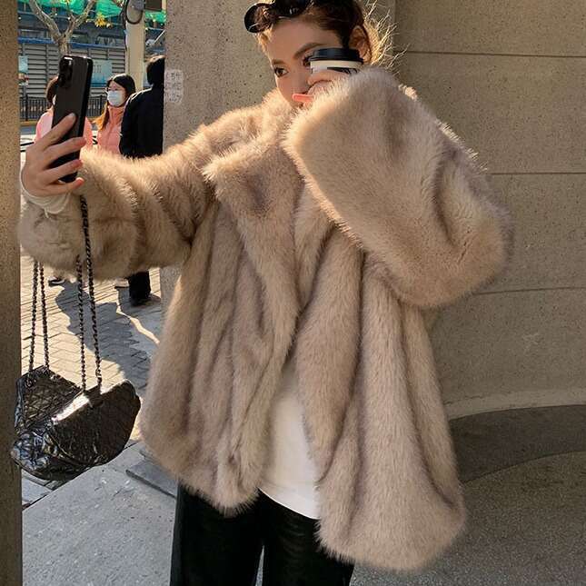 Faux Large Thick Women's Layer Fox Double Lapel MidLength EcoFriendly Fur Coat