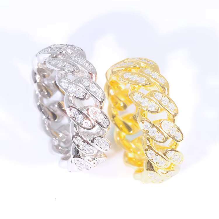 Hot Sale Cuban Ring S925 Silver Gold Plated Iced Out Moissanite Diamond Ring Single Row Hip Hop Rings for Men Jewelry