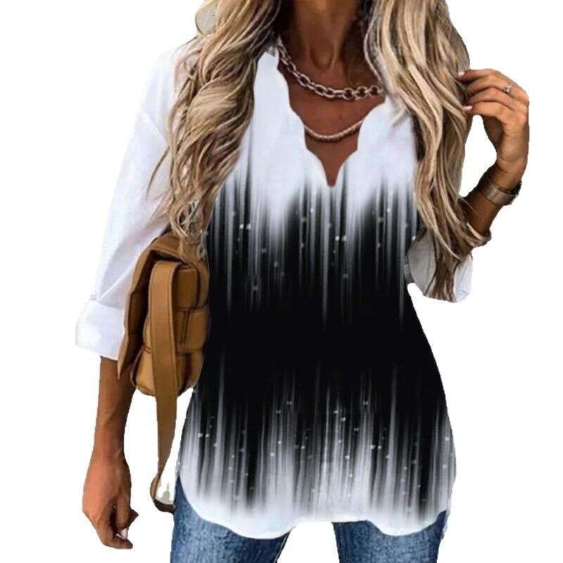 2025 Summer Amazon Cross-Border European and American Women's Fashion Elegant New Hot-Selling Wave Collar Shirt Printed Long Sleeve Women