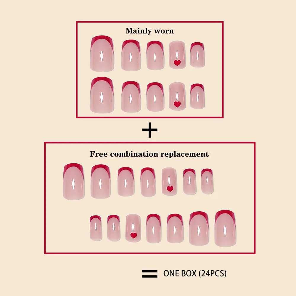 Womens Medium Square French Red Bordered Heart Printed Gloss Full Coverage Wearable Fake Nail Pressing Machine 24 pieces/set W250410