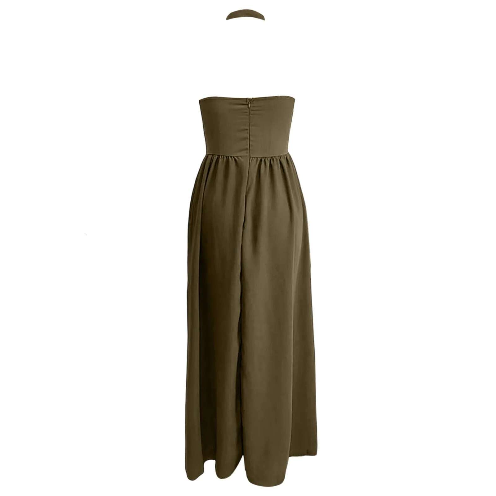 Dongdumaoyi Dongdumaoyi Summer Sleeveless Beach Long Simple Solid Color Halter Hollow Out Women Casual Backless Pleated Holiday Dress