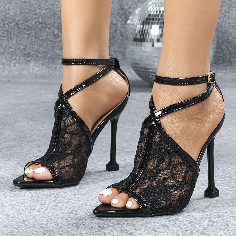 Elegant Black Lace Fish Mouth With - Women's High Heel Open Toe Dress Shoes, Breathable & Stylish For Summer, Sole, Summer Ankle Strap Sandals | 