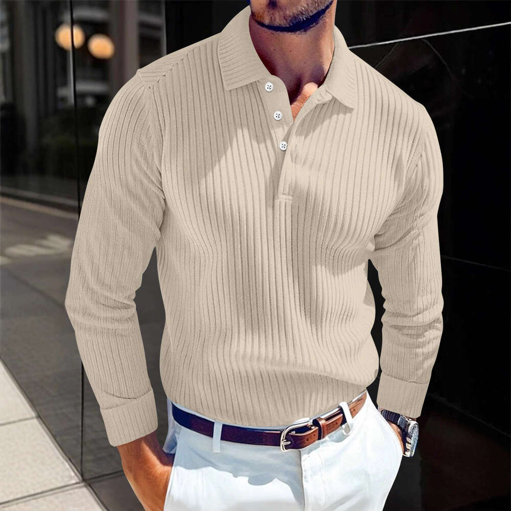 Cross-Border New European and American Men's T-Shirt Knitted Lapel Business Button Slim Fit Long Sleeve Polo Shirt