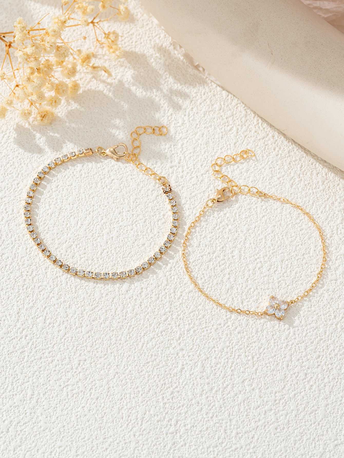 2pcs Simple Cubic Zirconia Flower Water Chain Womens Bracelet Set Daily Office JewelryT251110