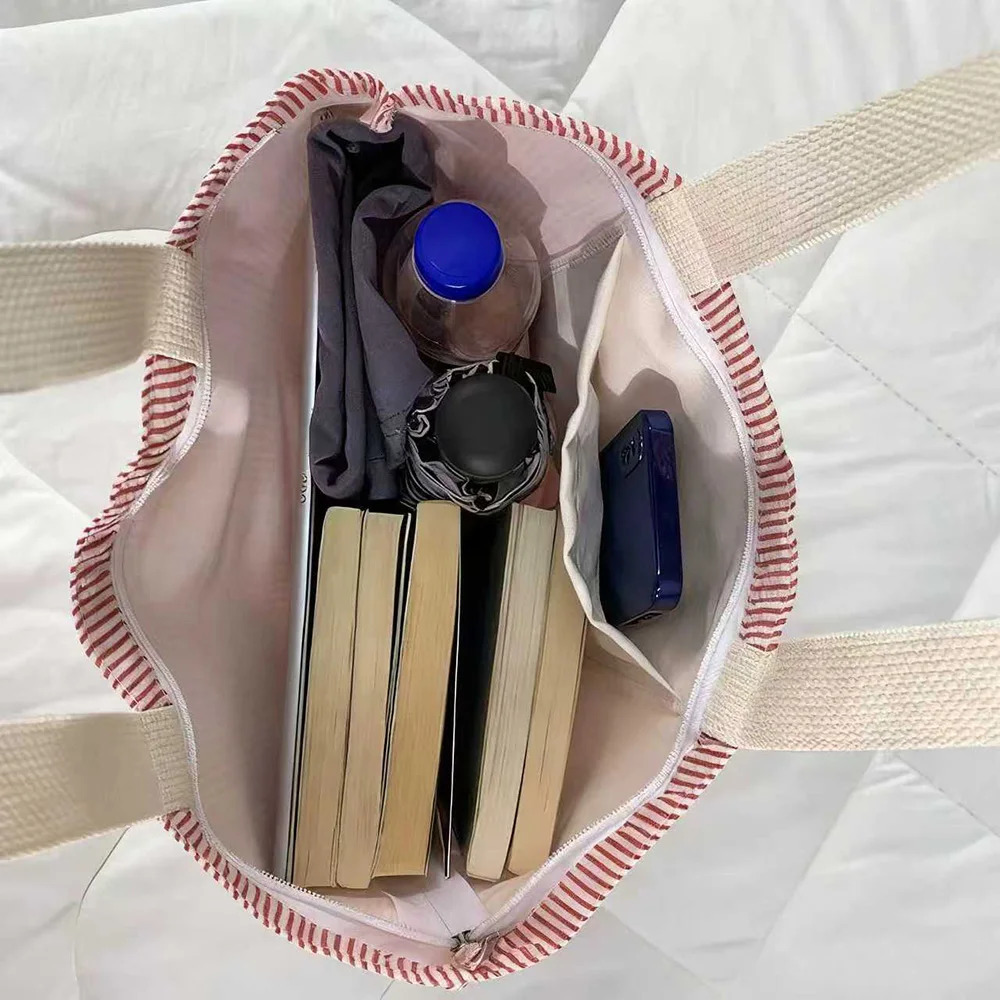 Stripe Contrast Color Womens Canvas Shoulder Bag Large Capacity College Book Tote Zipper Handbags Simple Shopping 251110