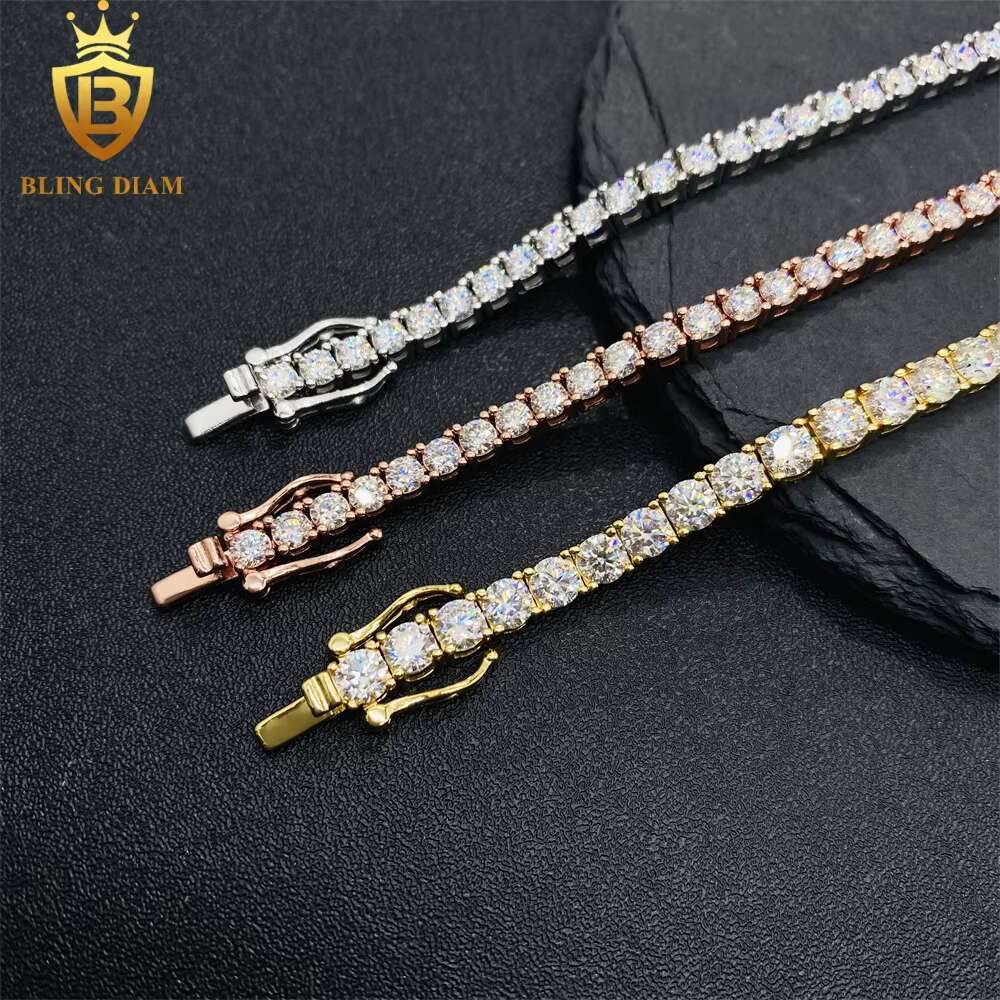 3mm 4mm Necklace Gold Plated Hip Hop Jewelry 925 Sterling Silver VVS Moissanite Diamond Tennis Chain