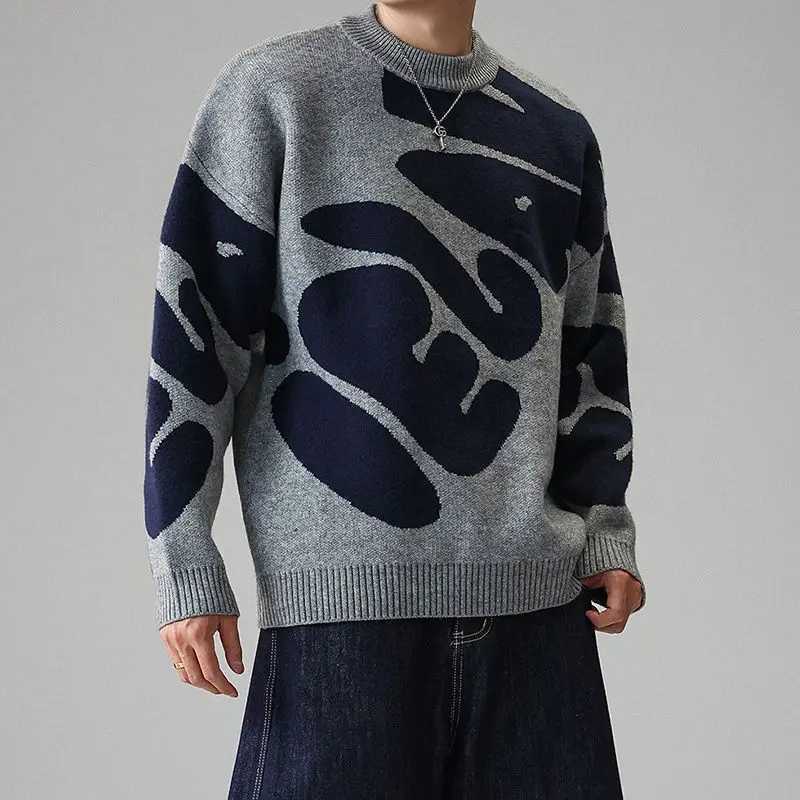 Fashion American Streetwear Grey Blue Abstract Jacquard Crew Neck Sweater Men Women Couple Loose Casual Knit Jumper Autumn Winter Y251110