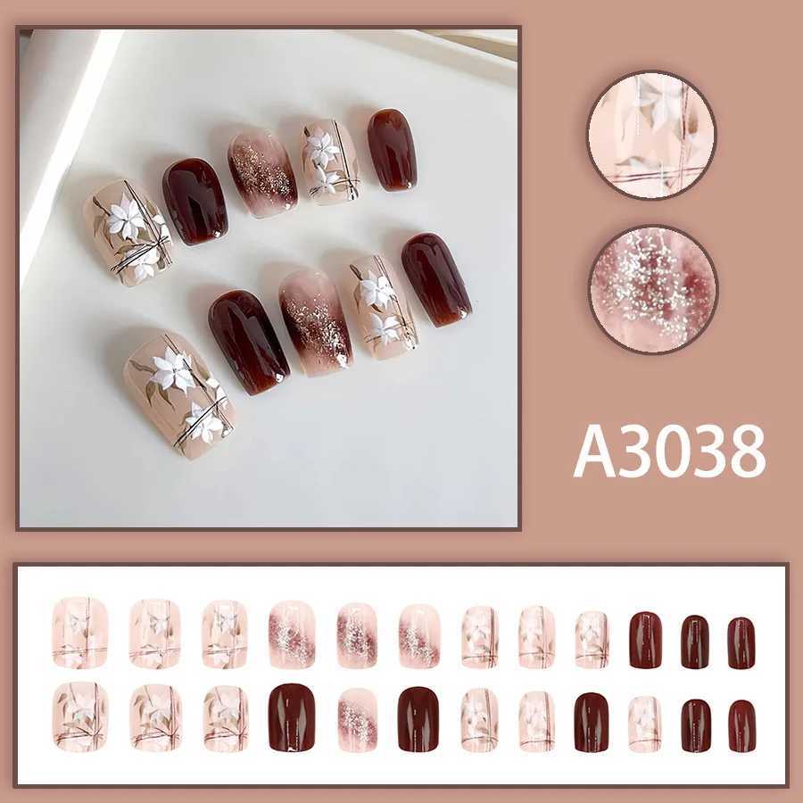 24 pieces of sparkling white flower press nails pink gradient fake nails smooth artificial finger manipulation reusable fake nails W250410
