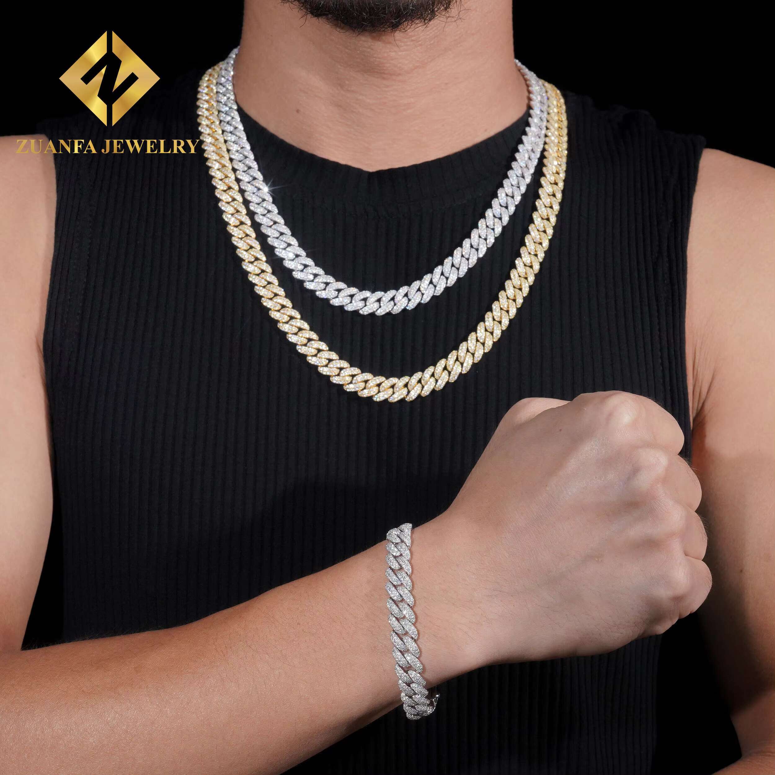 RTS Pass Dia Tester 10mm 2rows Moissanite Men's Bracelet Sier Cuban k Gold Plated Popular Chain