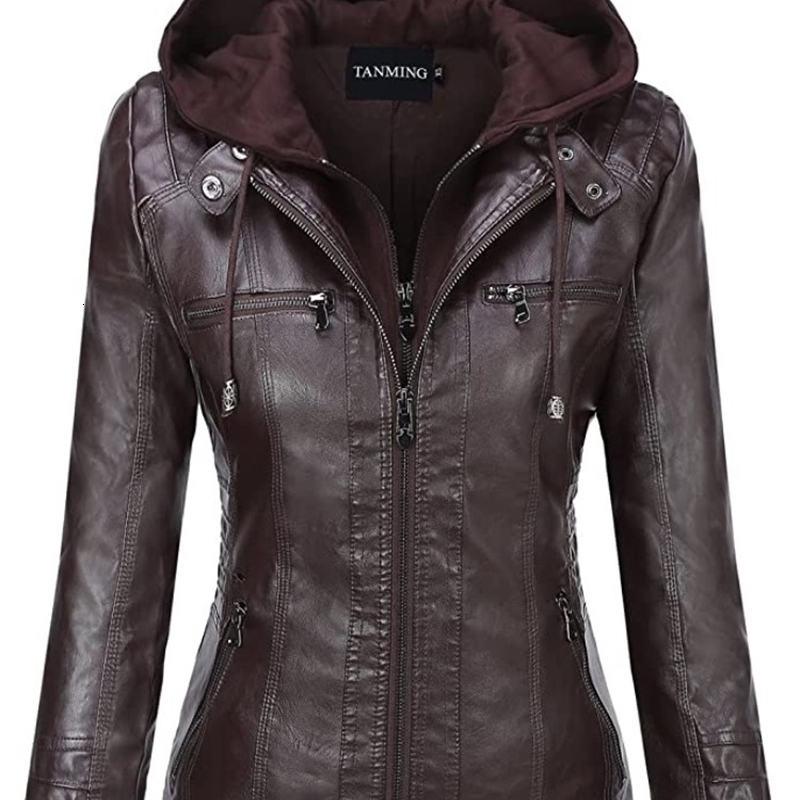 Hooded Leather Jacket TwoPiece Set Removable Large Size for Women Spring Fall Outwear Pu Washed 251105