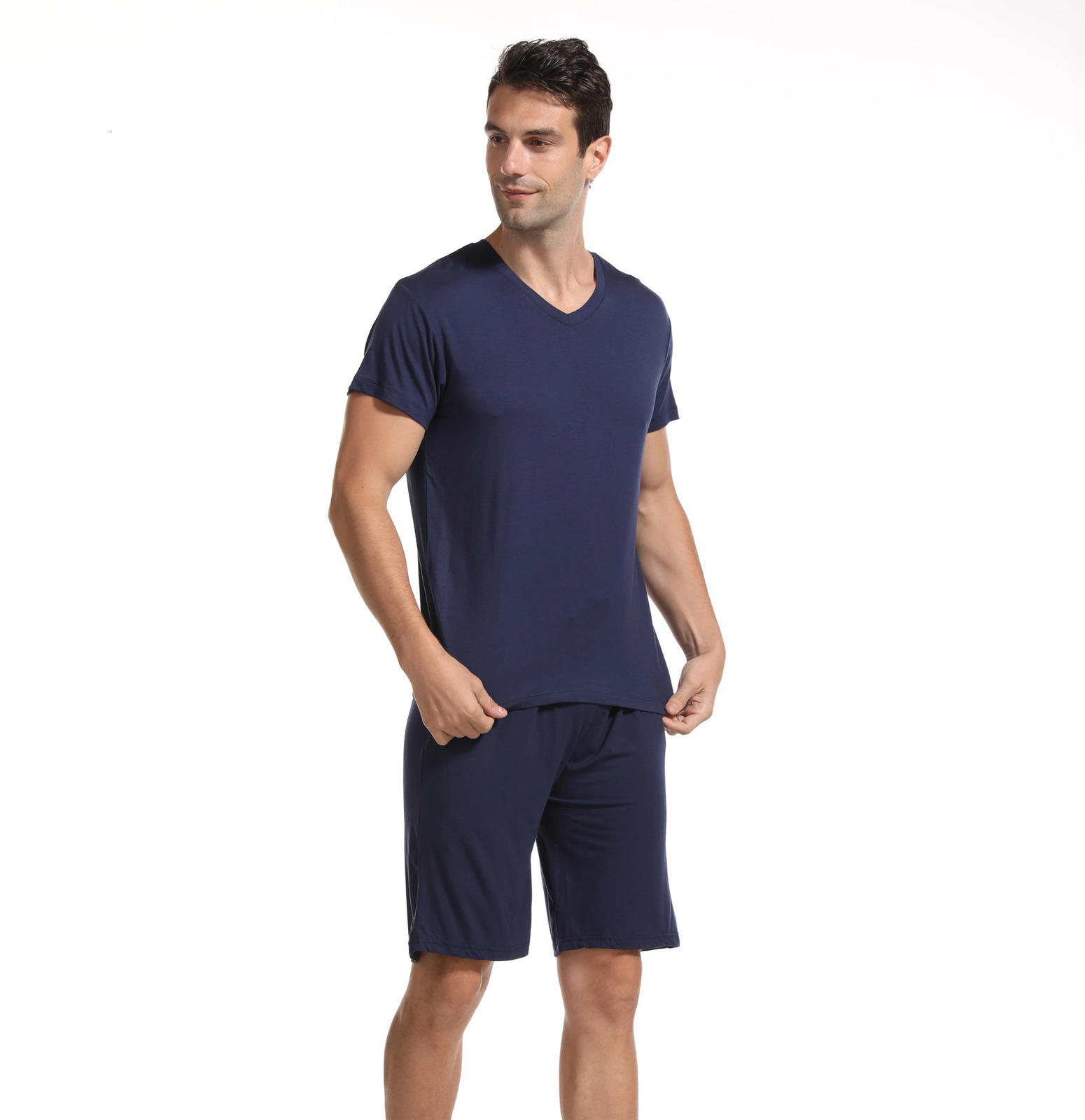 Mens 2-piece Modal Mens Summer Home Set V-neck T-shirt Thin Size Fat Large Short Sleeve Pajama 250410