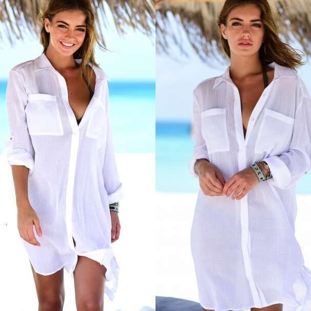 In Stock New European and American Style Wrinkle Fabric Two-Pocket Hidden Button Beach Cover-Up Bikini Shirt Swimsuit