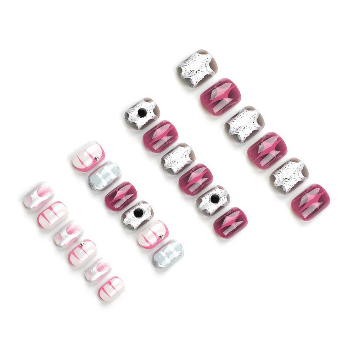 Wearable Star Y2k Nail Pressing Short Square 24 piece Fake Nail Silver Stripe Fake Nail Decoration Shining Nail Tip W250410