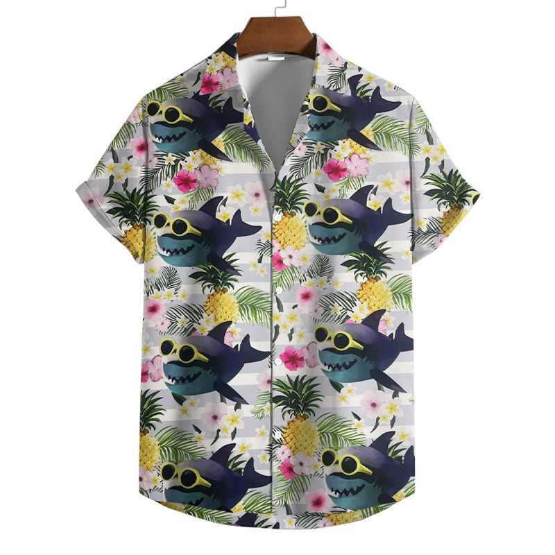 Mens Hawaiian print short sleeved summer beach pineapple flower casual top X250410
