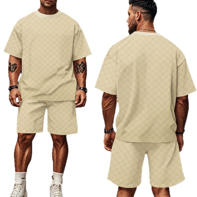 2025 new jacquard checkerboard solid color short sleeved shorts set for mens fashion trend
