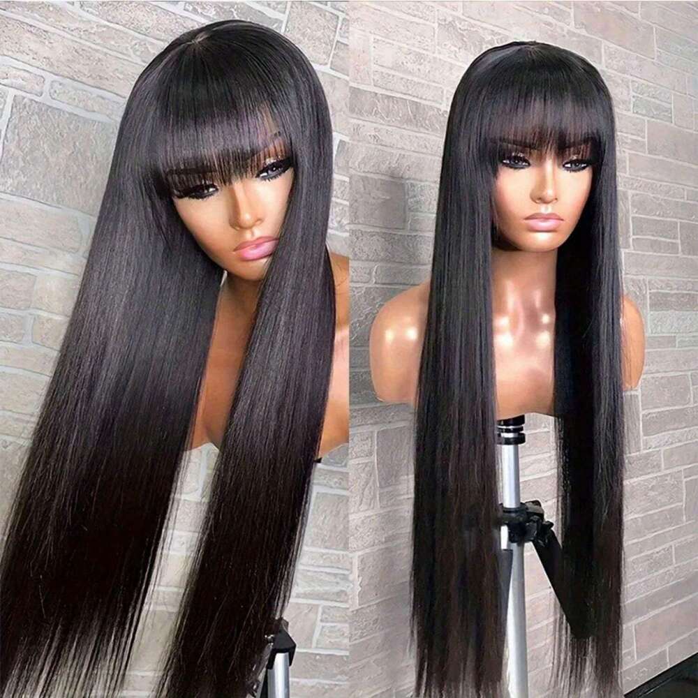Women's Glueless Straight With Bangs Non-Lace Front, 250% Density Natural Black Hair, Machine-Made Remy Human Wig For Everyday & Special Events -