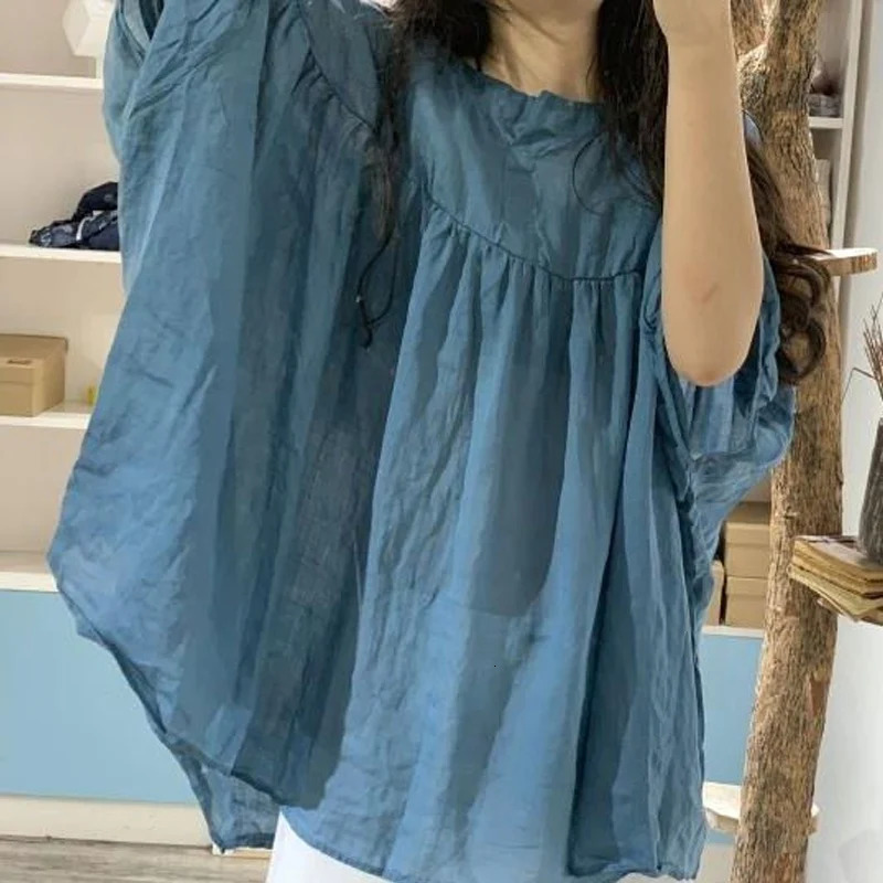 Summer Solid Color Fashion Batwing Sleeve Womens High Street Casual Loose Rally Retro Fiberfrax Full Match Top 250410