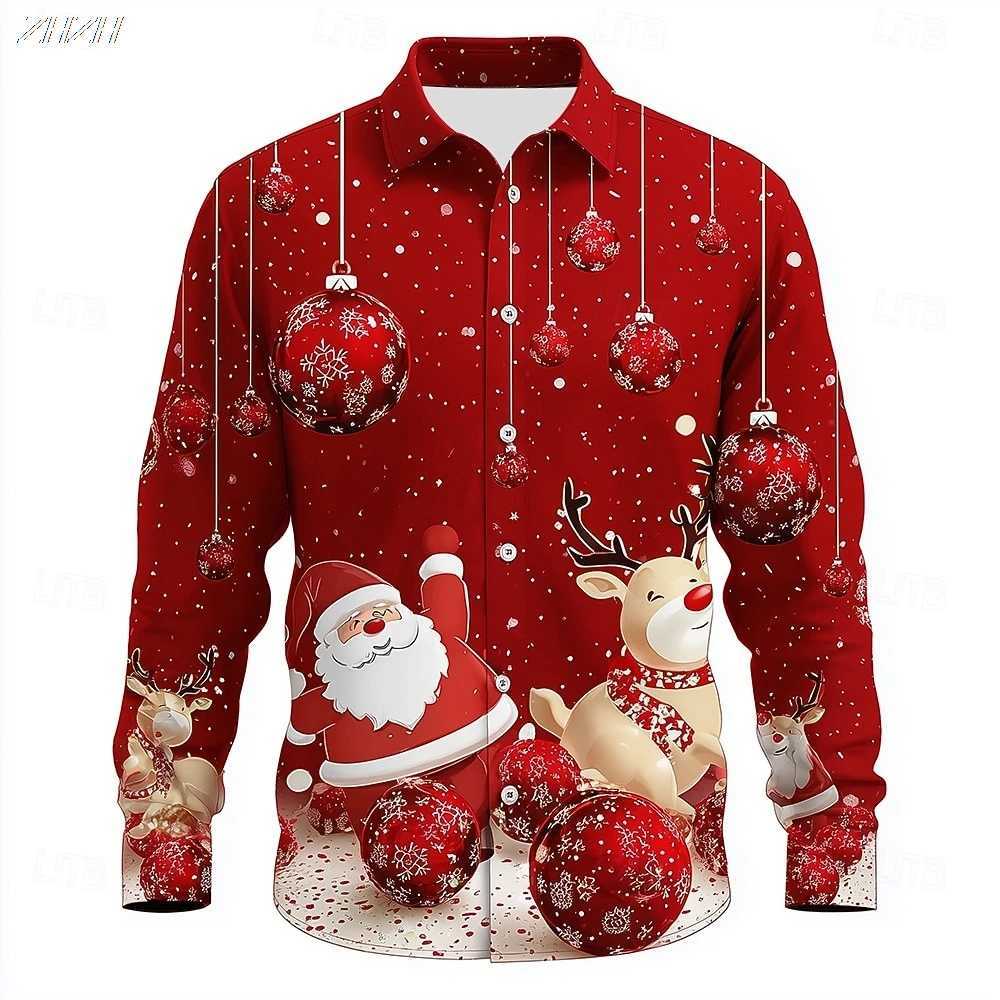 2025 Mens Christmas Santa Reindeer Shirt 3D Print Baubles Design Funny Button Up Collared Holiday Long Sleeve Tops K251110