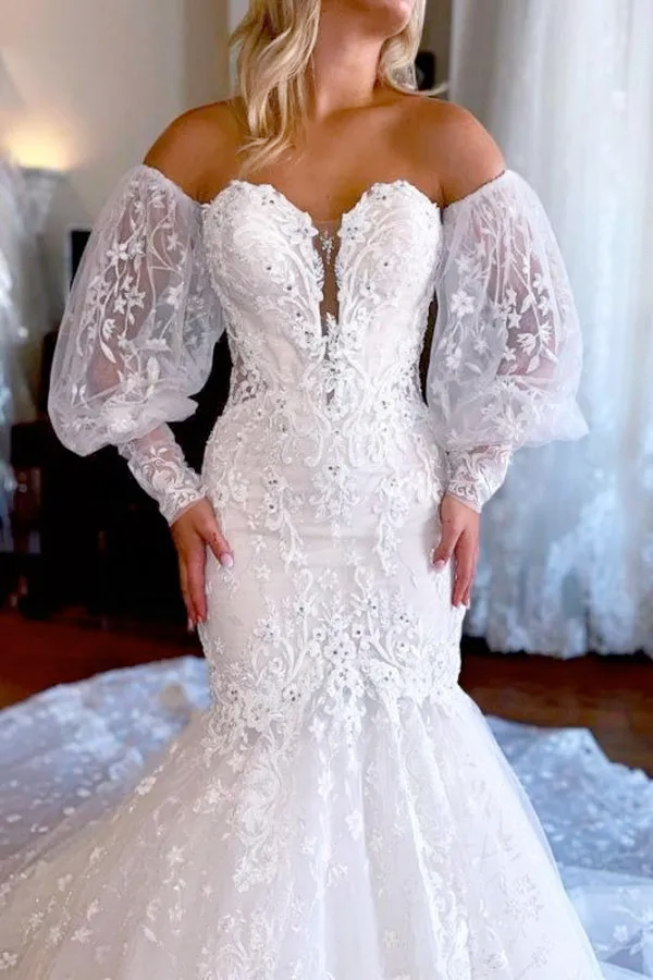 Sexy Sweetheart Removable Puff Sleeve Lace Pleat Tulle Mermaid Wedding Dress For Women Boho Bridal Gowns Sweep Robe De BC164