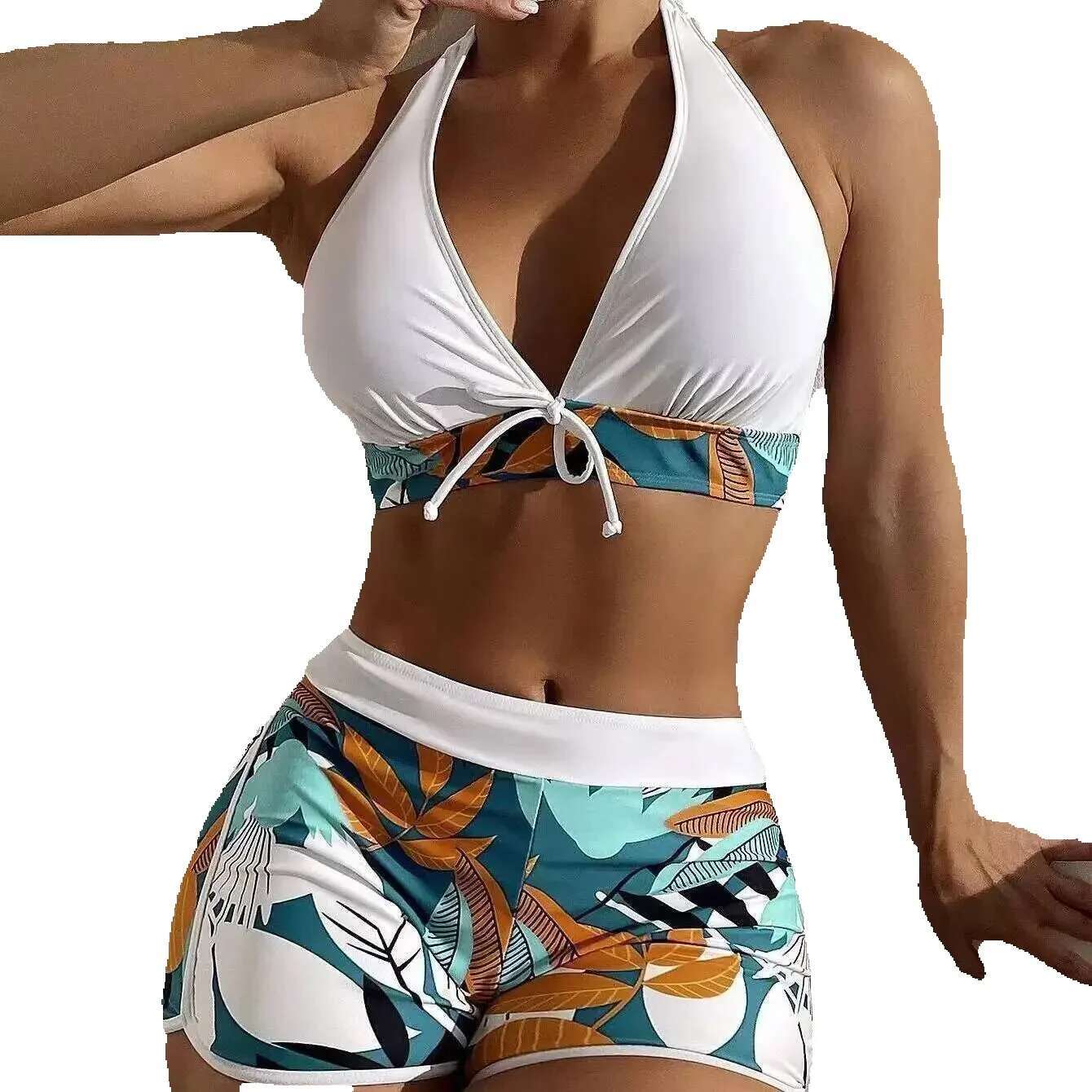 Fashion printed patchwork lace up sports surfing bikini set women's swimsuit