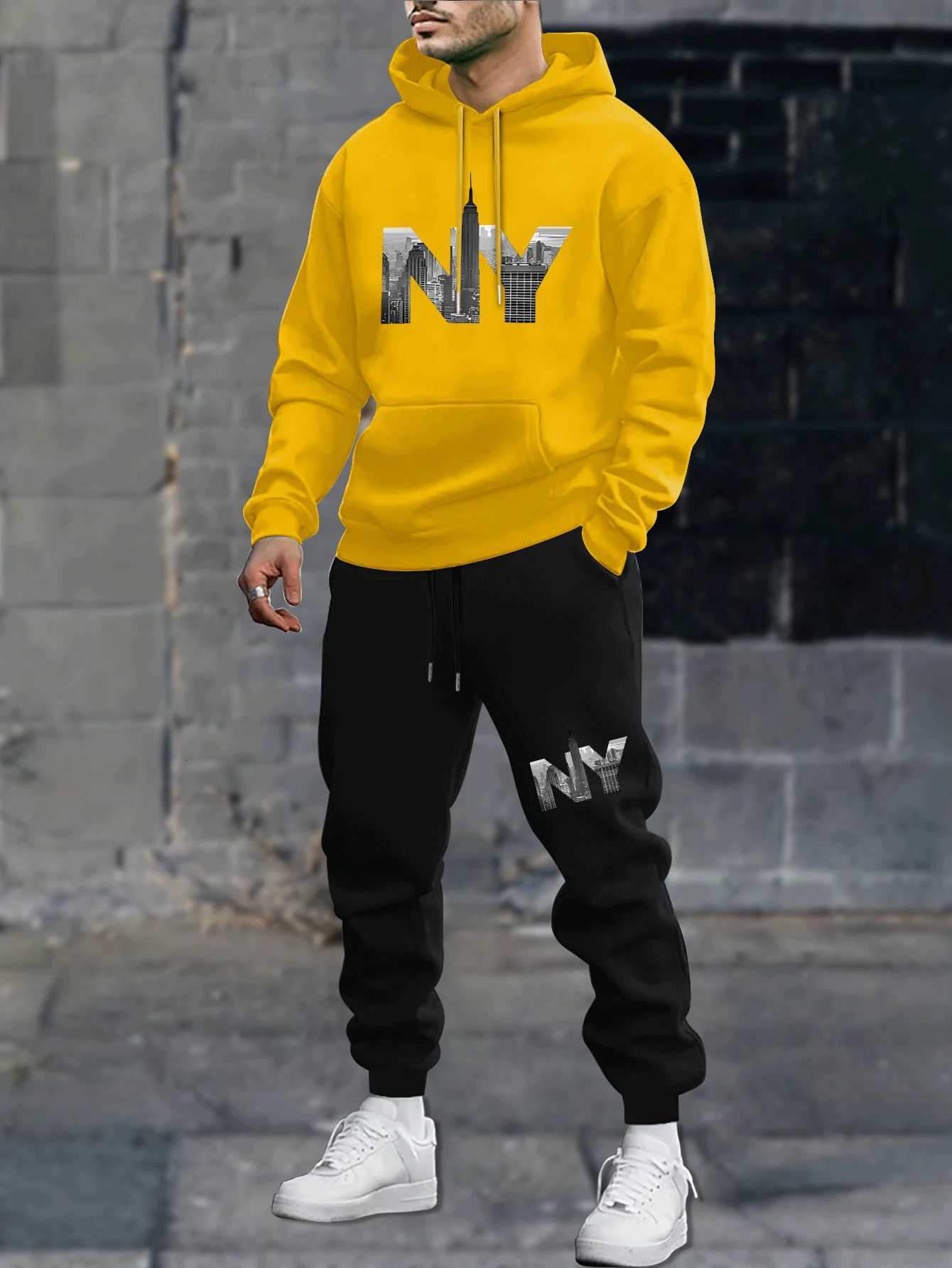 Mens autumn and winter casual fashion warm New York NY pattern print loose and plush thick hooded sweatshirtsports pants set W251110