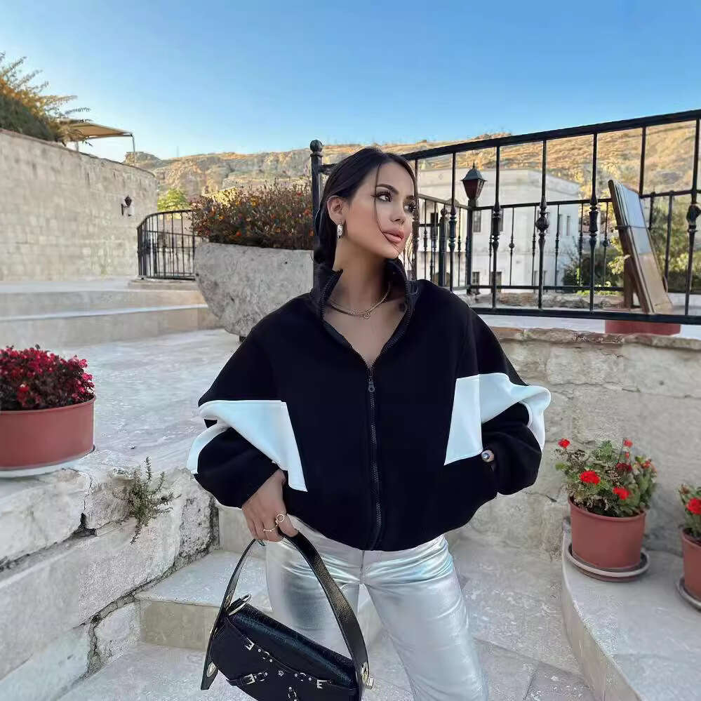 Fall/Winter 2024 European and American Women's Loose Casual Versatile Top Long Sleeve Color blocked Stand up Collar Coat for Women