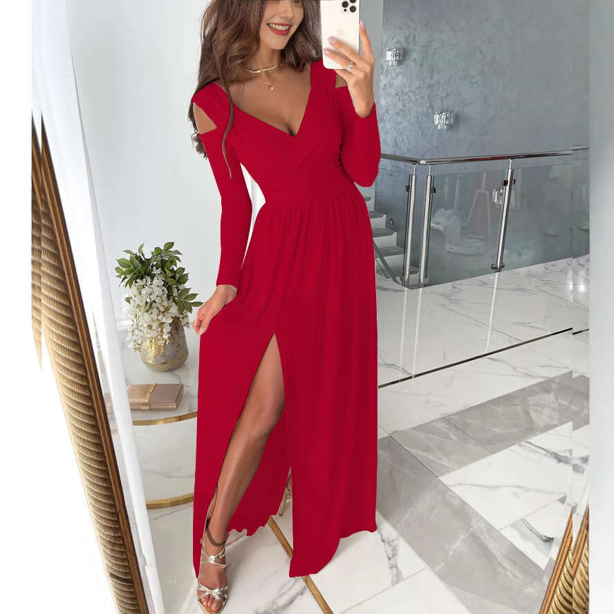 Independent Station Wish Amazon Autumn Winter New Long Sleeve V-neck Solid Color Hem Slit Dress for Women