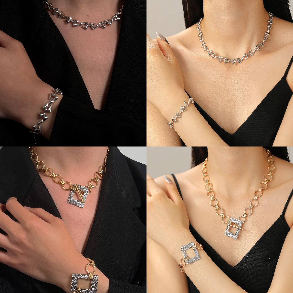 Unique Necklace and Bracelet Set Jewelry High-End Feel Women Hip-Hop Punk Z-Shaped Collarbone Chain Men Accessories
