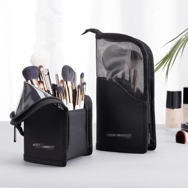 Makeup Brush Case Makeup Brush Holder Travel Waterproof Cosmetic Bag Stand-up Foldable Makeup Cup with Zipper Black Pink 251110