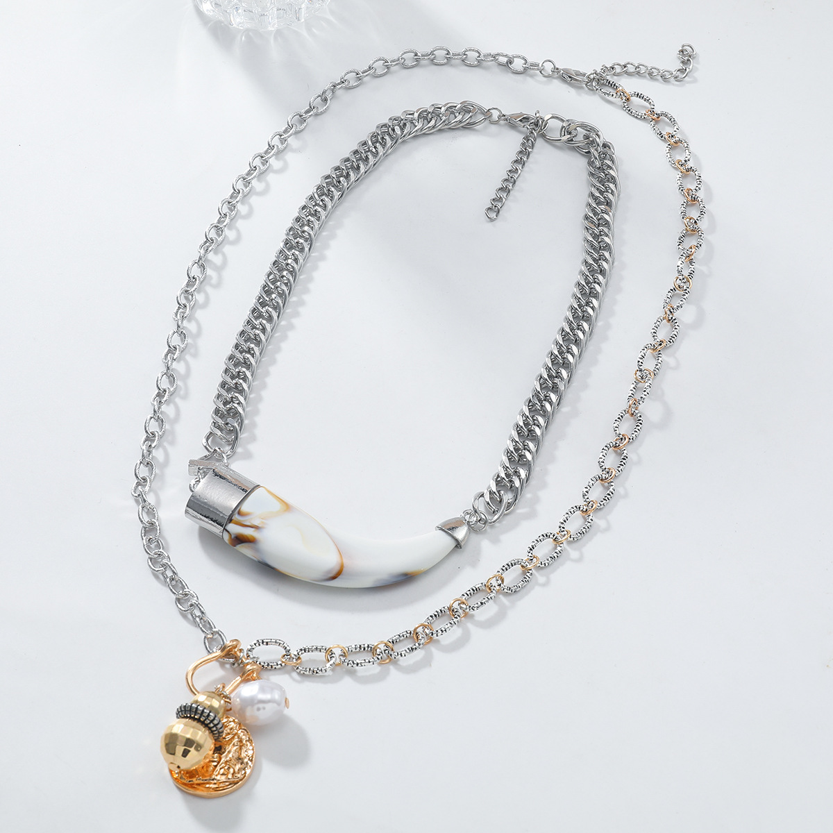 Trendy Cow Horn Multi Layer Necklace With Pearl Inspired Geometric Design Womens Beach Accessories Punk Chain