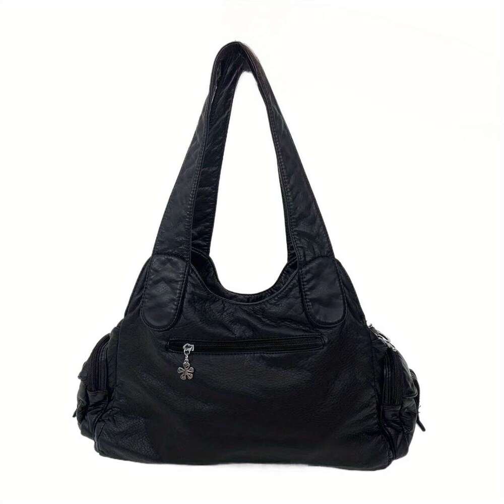 Women Retro Motorcycle Inspired Handbag Large Capacity Multi Pocket Crossbody Handbag With Detachable Strap, Golden Tone Hardware White