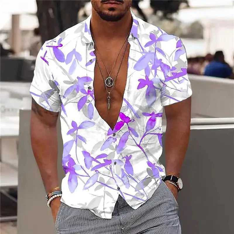 New Summer Mens Hawaiian Shirt Maple Leaf Print V-neck Mens Button Short Sleeve Top Street Clothing Trend Mens Clothing X250410