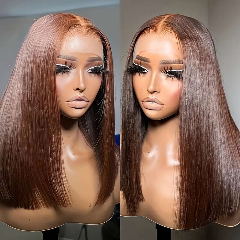 #4 Gluless Wigs Virgin 220% Chocolate Hairs 13X6x1 Middle Part Hairy Straight Bob 14Inch/16Inch/18Inch Dark Brown Brazilian Human Hair Lace Front Wig 
