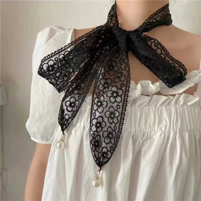 New Korean style elegant lace tie with pearl pendant long ribbon scarf jacket decoration waist chain new X250410