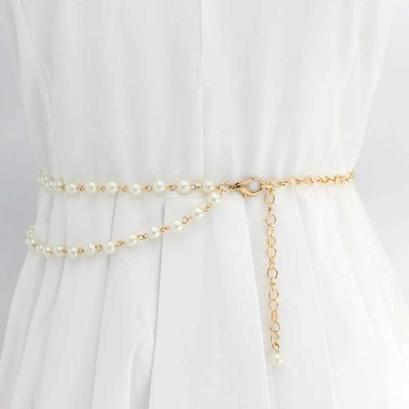 Mtilayer pearl thin long strap suitable for elegant gold metal body chain clothing decoration adjustable womens waist belt X250410