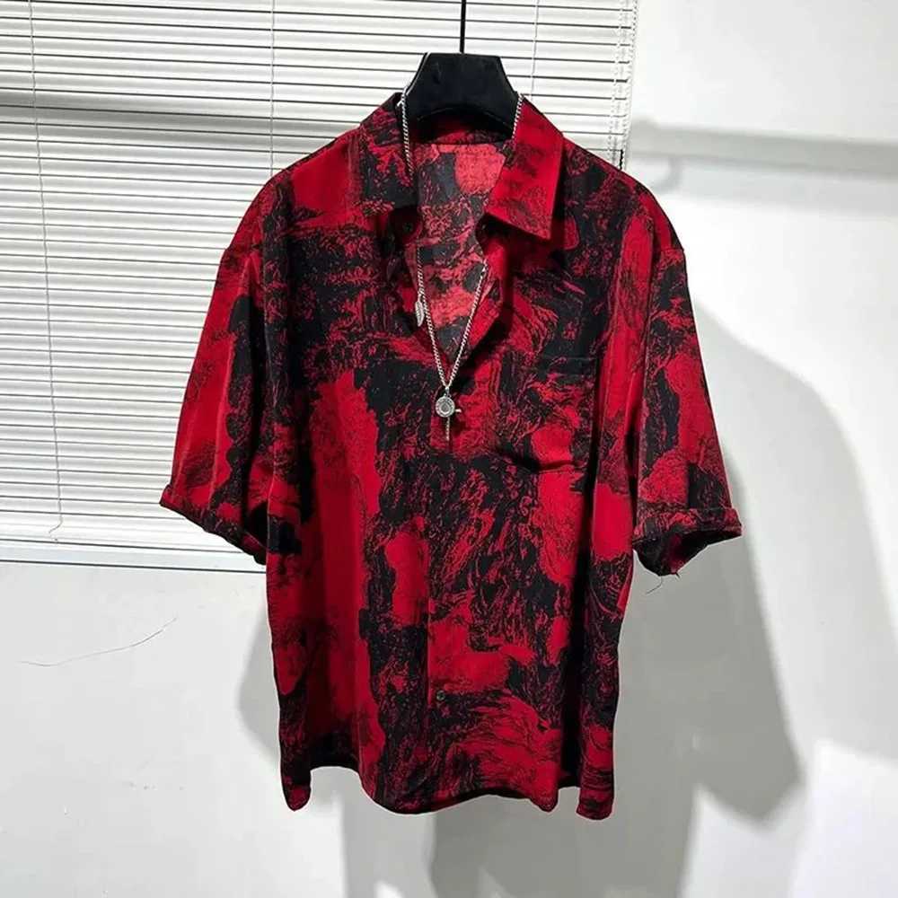 Mens Shirt Irregular Red Landscape Painting Shirt Summer Daily Niche Beach Vacation Hawaii Personalized Top Mens Wear 2024 X250410