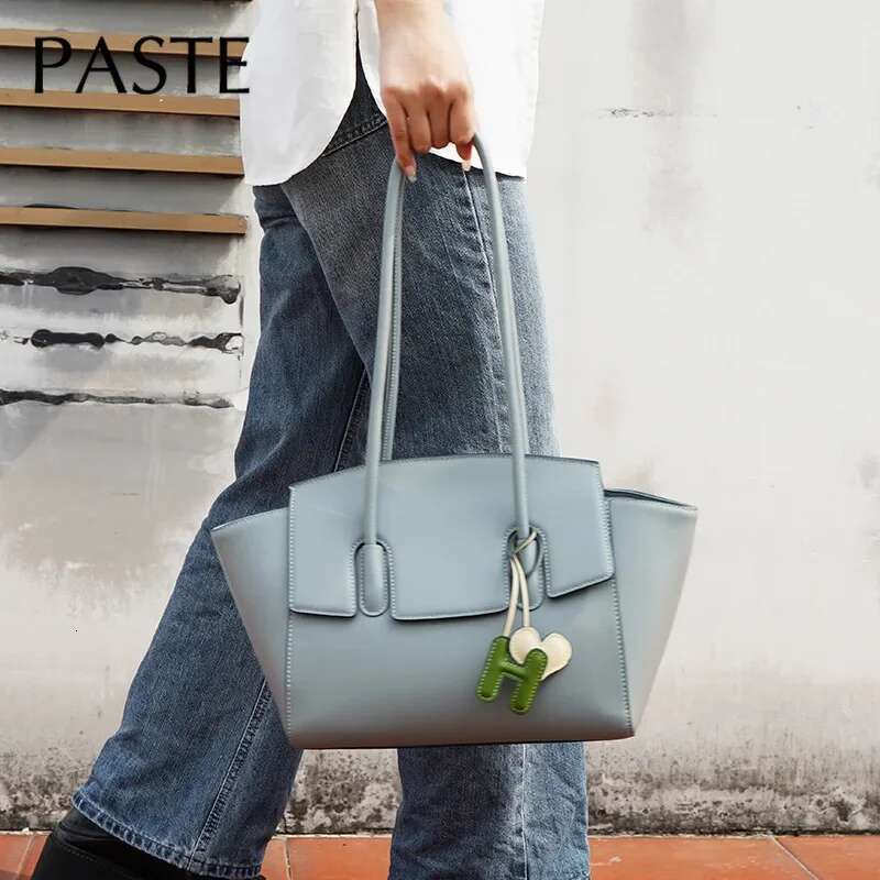 New Chic Large Trapeze Tote All-Match Denim Blue Color Split Cow Leather Women Handbag Long Handle Ladies Armpit Shoulder Bag